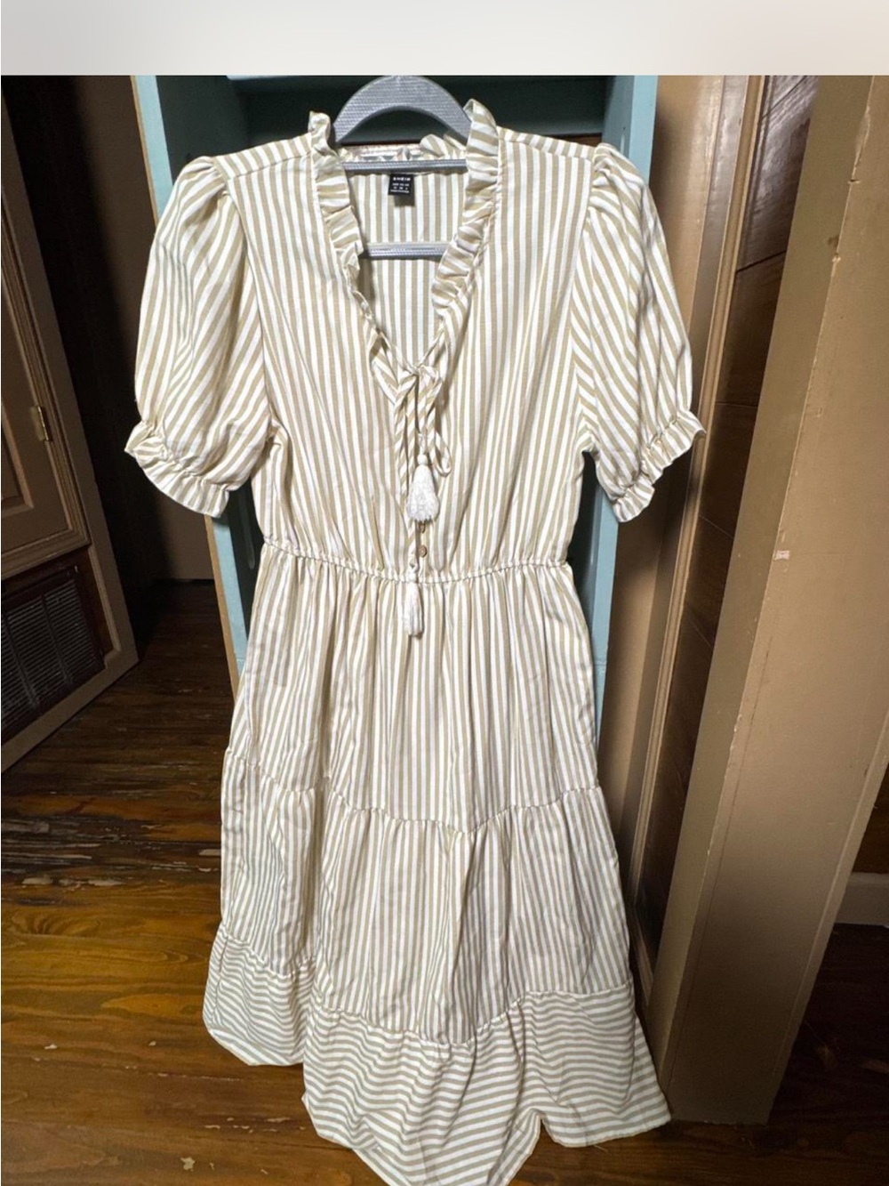 SHEIN Cream & Tan Striped Ruffle Tie-Front Midi Dress